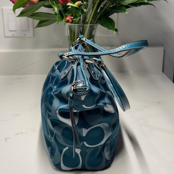 Coach Teal Metallic Silver Logo Jacquard Gallery Tote Bag Purse F20426 - Picture 4 of 15